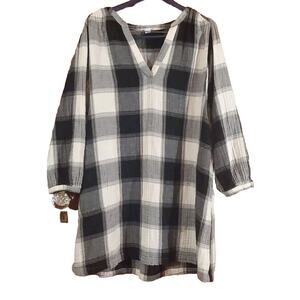 Old Navy XL Black White Plaid Balloon Sleeve Cotton V-Neck Pockets Tunic/Dress